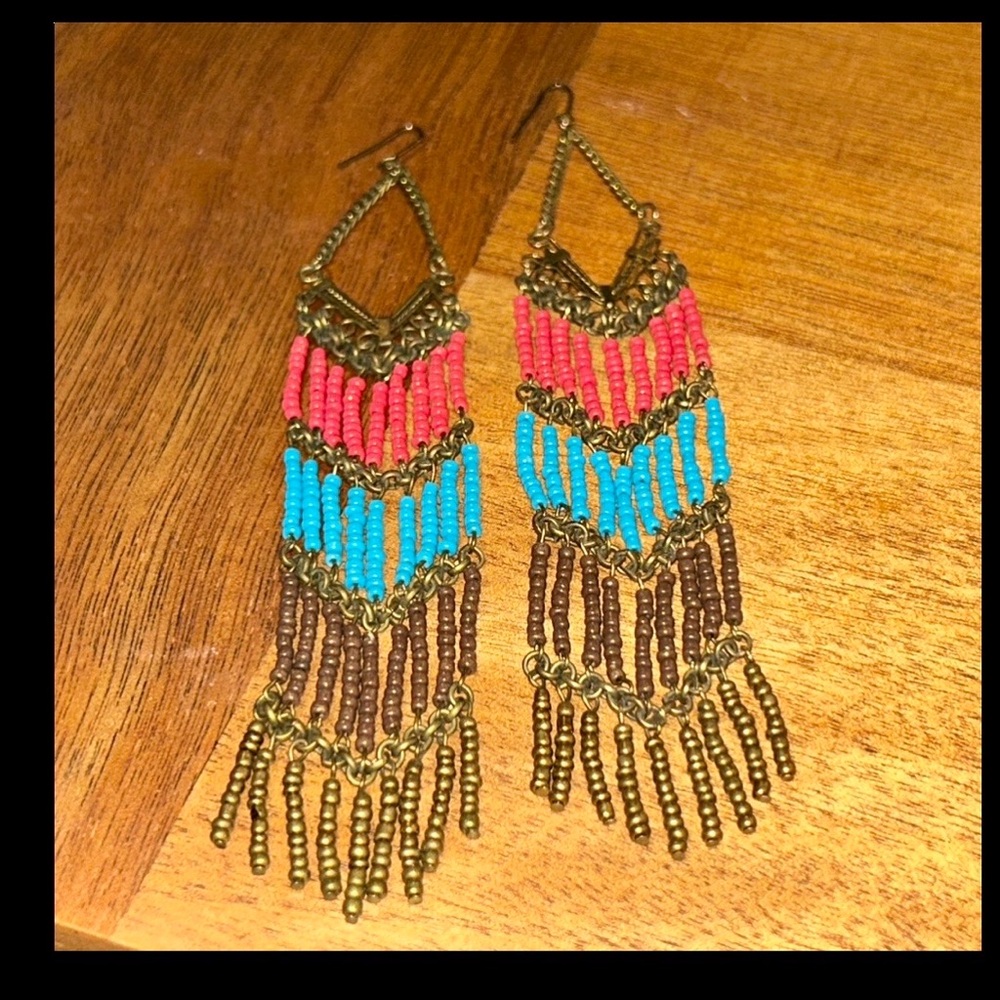 Bohemian Boho Chic Hippie Tribal Multi Color 6” Fringe Seed Bead Earrings - Picture 3 of 4